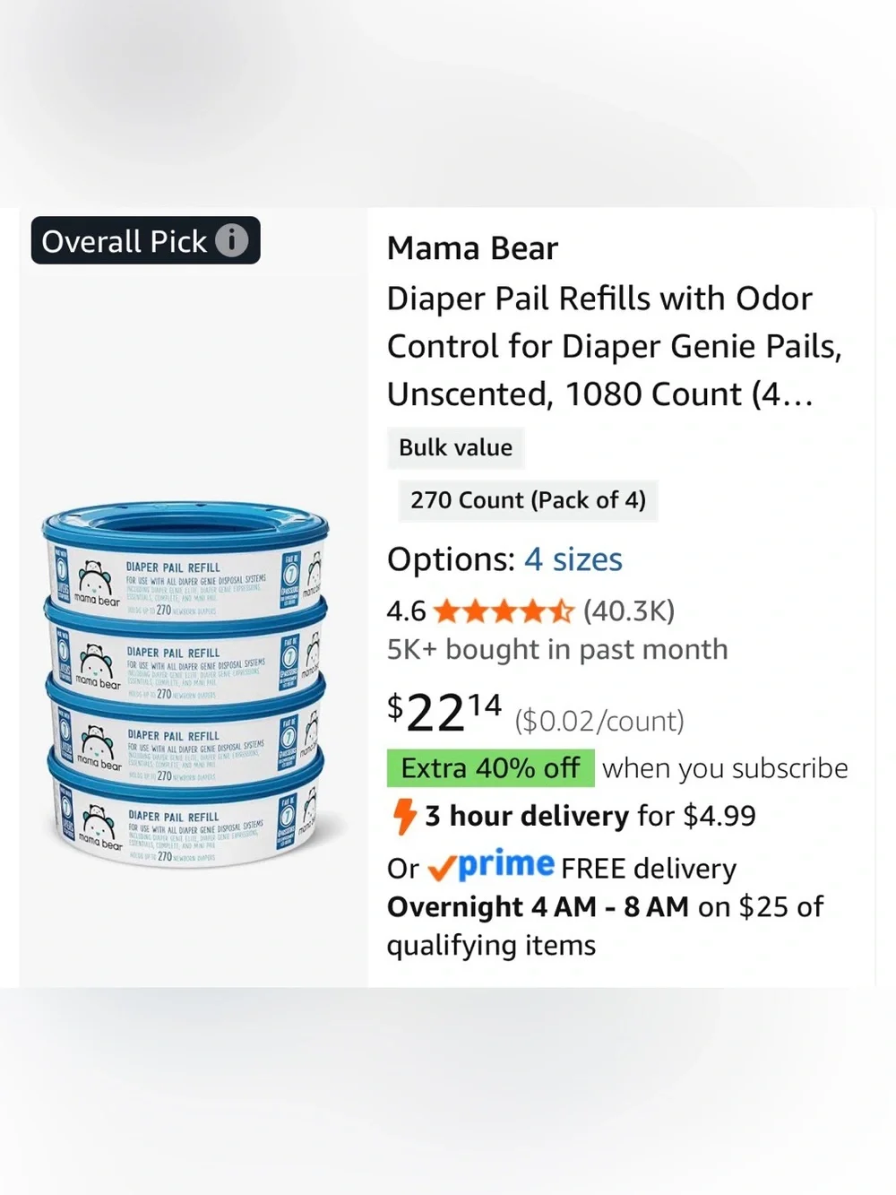 4 Mama Bear Blue Diaper Pail Refill New
